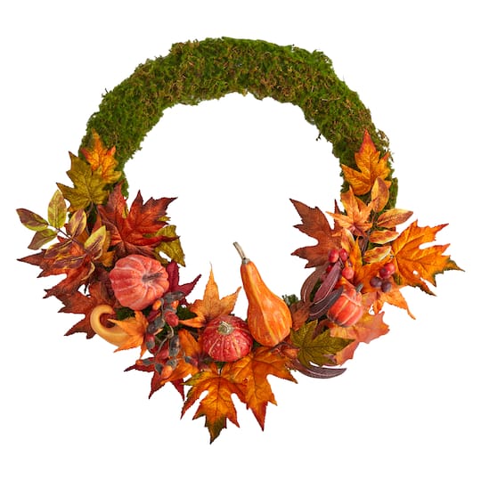 20&#x22; LED Autumn Pumpkin, Gourd &#x26; Fall Maple Leaf Wreath